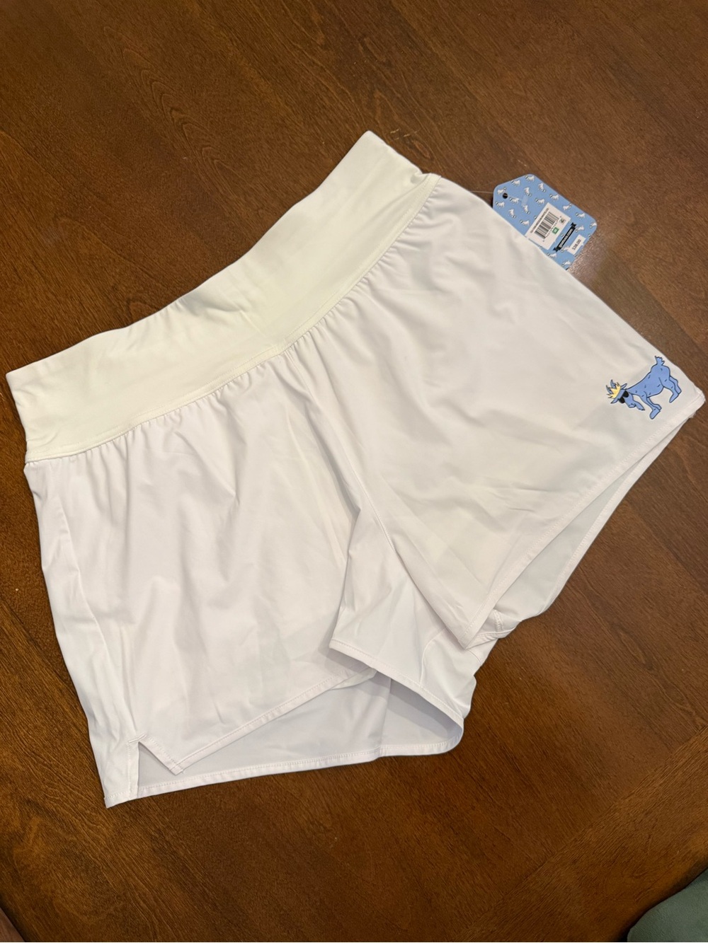 Women's White Athletic Shorts with Blue Goat Logo
